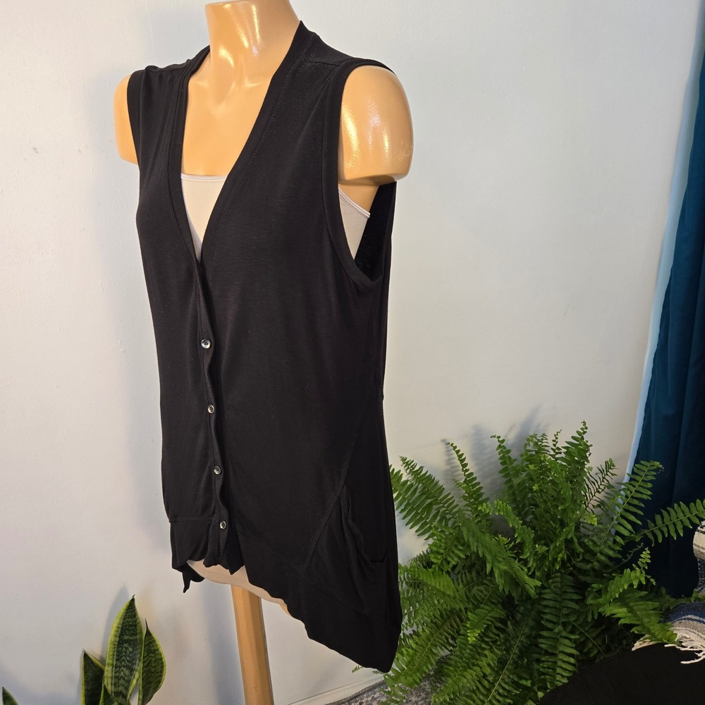LOGO Lori Goldstein Cardigan Vest Womens Small Black Sharkbite Hem Side Pockets